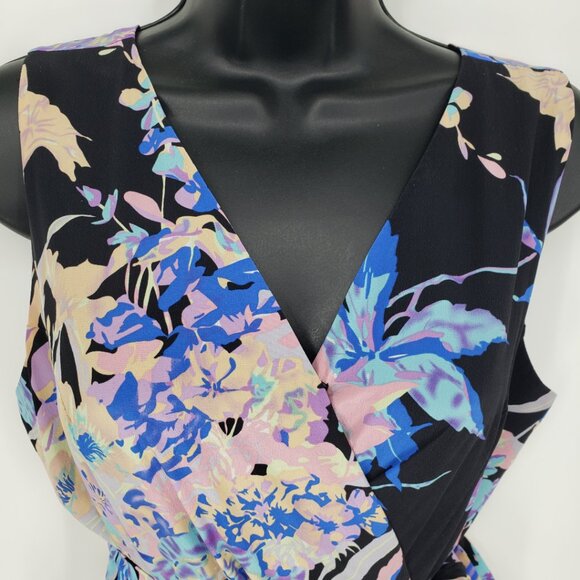 Yumi Kim Floral Print Faux Wrap Mini Dress S Sleeveless Side Tie Black Blue - Picture 8 of 11